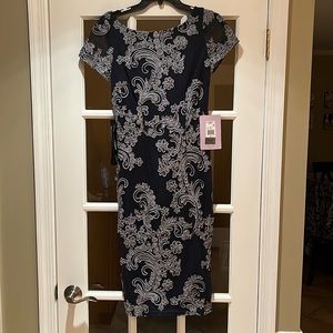 JS collections Navy embroidered cocktail dress.